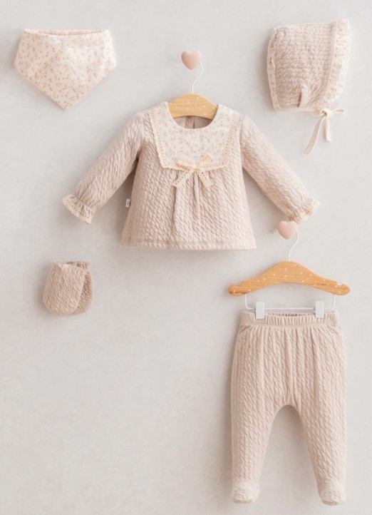 Newborn Baby Girl Pure Love Waffle Frilly Neck 5-Piece Cream Bodysuit Set (0-3 Months)